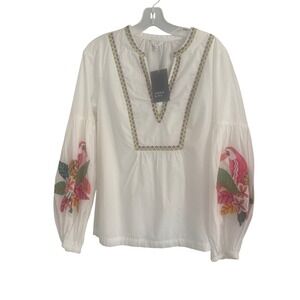 Crown & Ivy White Embroidered Parrot Blouse Women's Top Large Bohemian